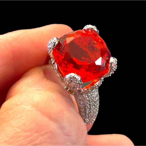 Red Orange Zircon Adjustable Large Statement Ring - Picture 4 of 5